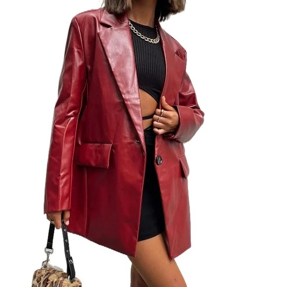 COMINT Womens single breasted red leather jacket blaser VINTAGE M - Picture 10 of 10